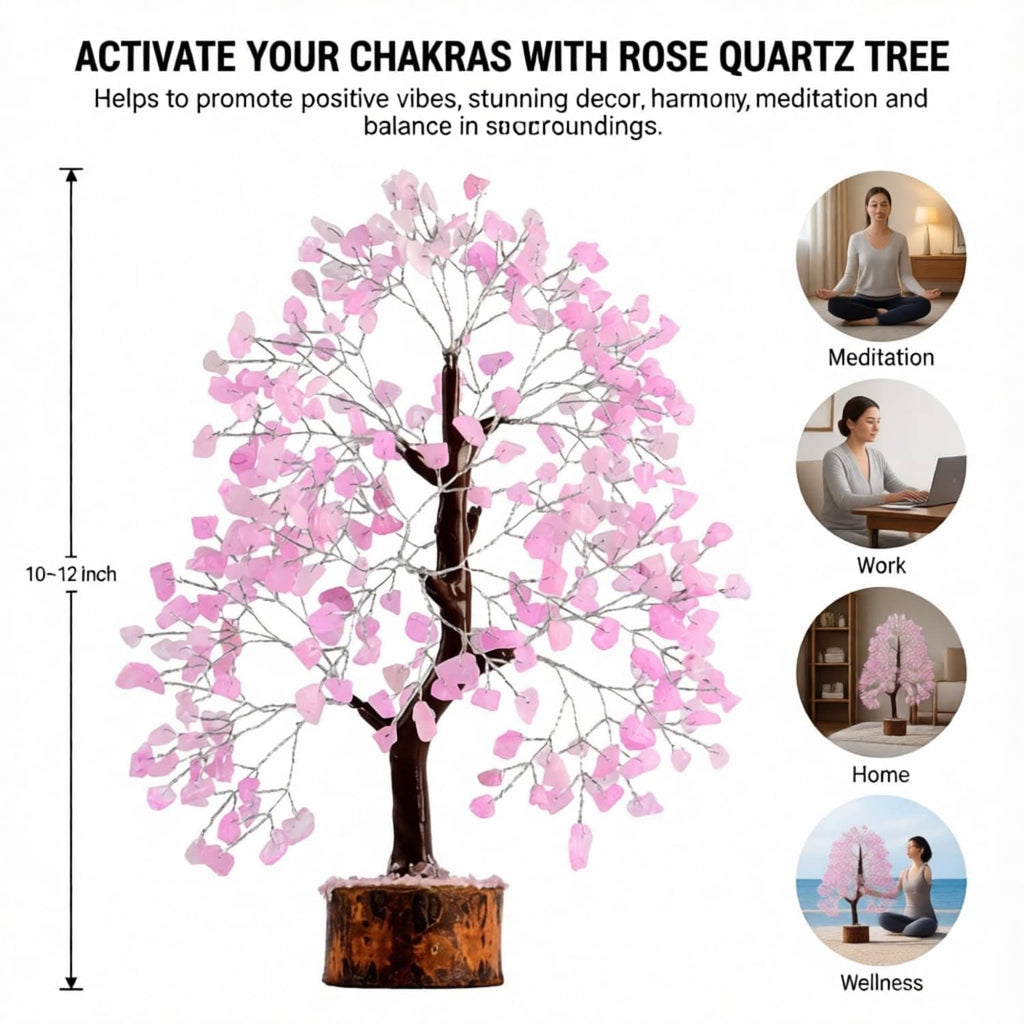 Rose quartz crystal tree with pink crystal branches and dark trunk on round base