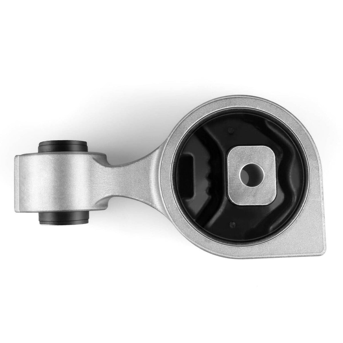 Front torque strut mount, silver bracket with black rubber bushing and mounting hole