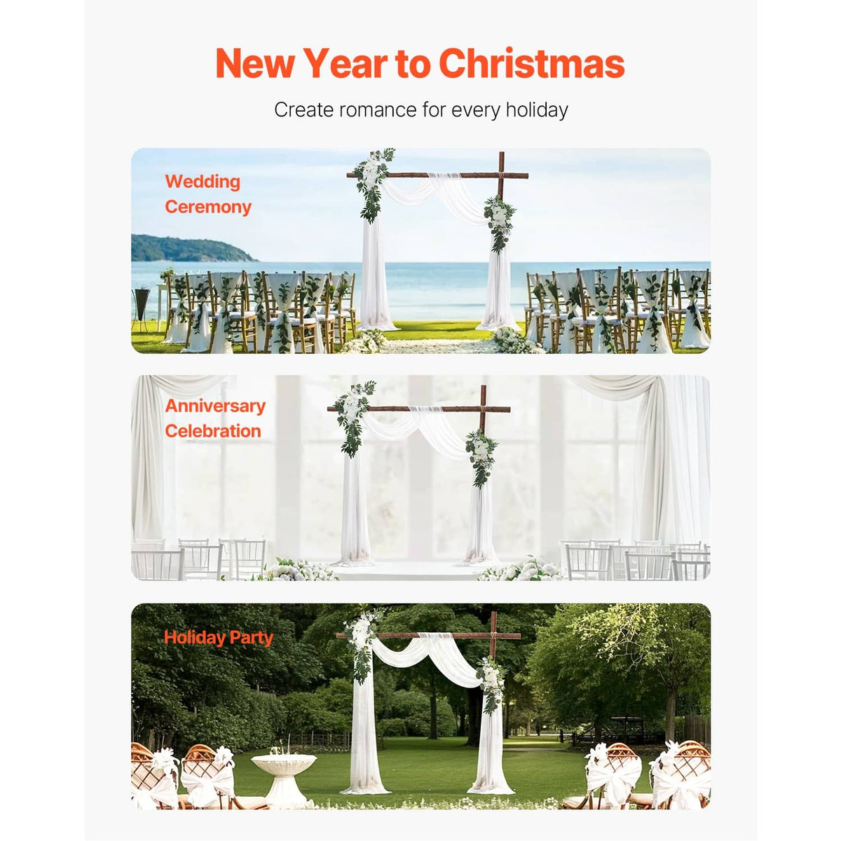Wedding arch drape set with faux greenery flower garlands on wooden crossbeam