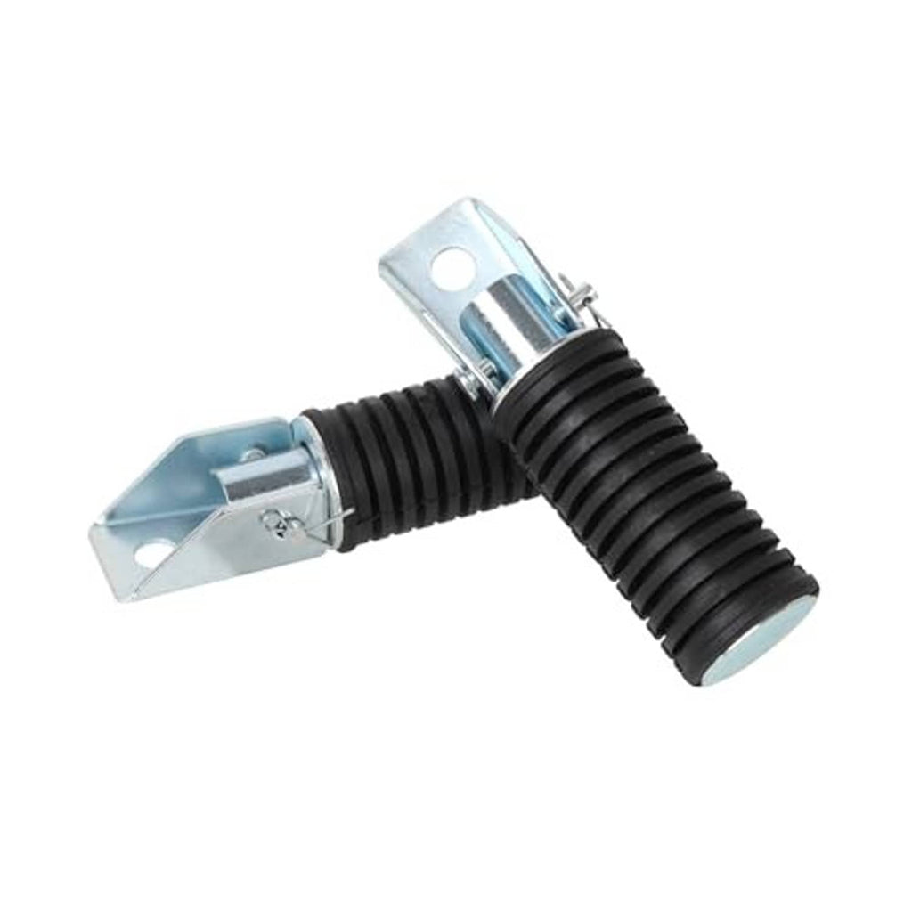 Folding mini bike foot pegs with black ribbed rubber and angled silver steel brackets