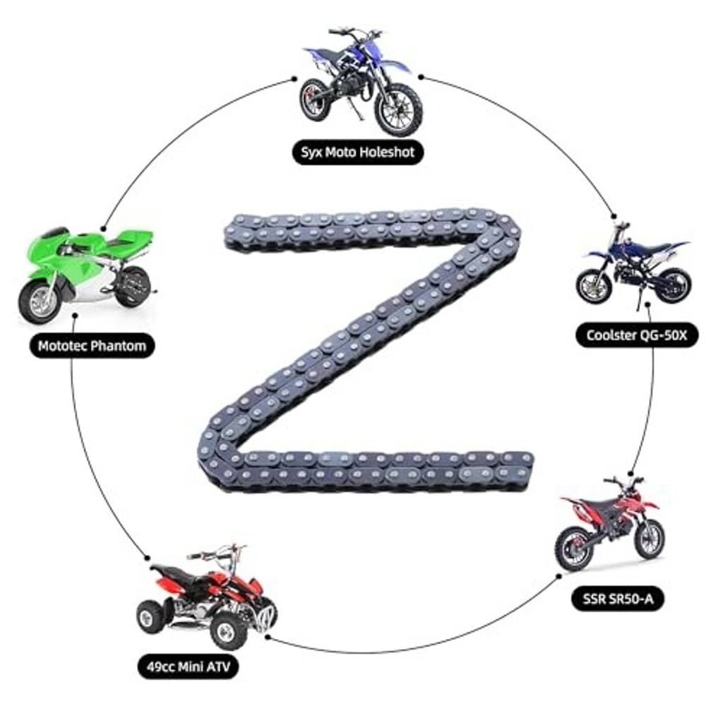 Coiled dark blue drive chain labeled for multiple mini bike and ATV models