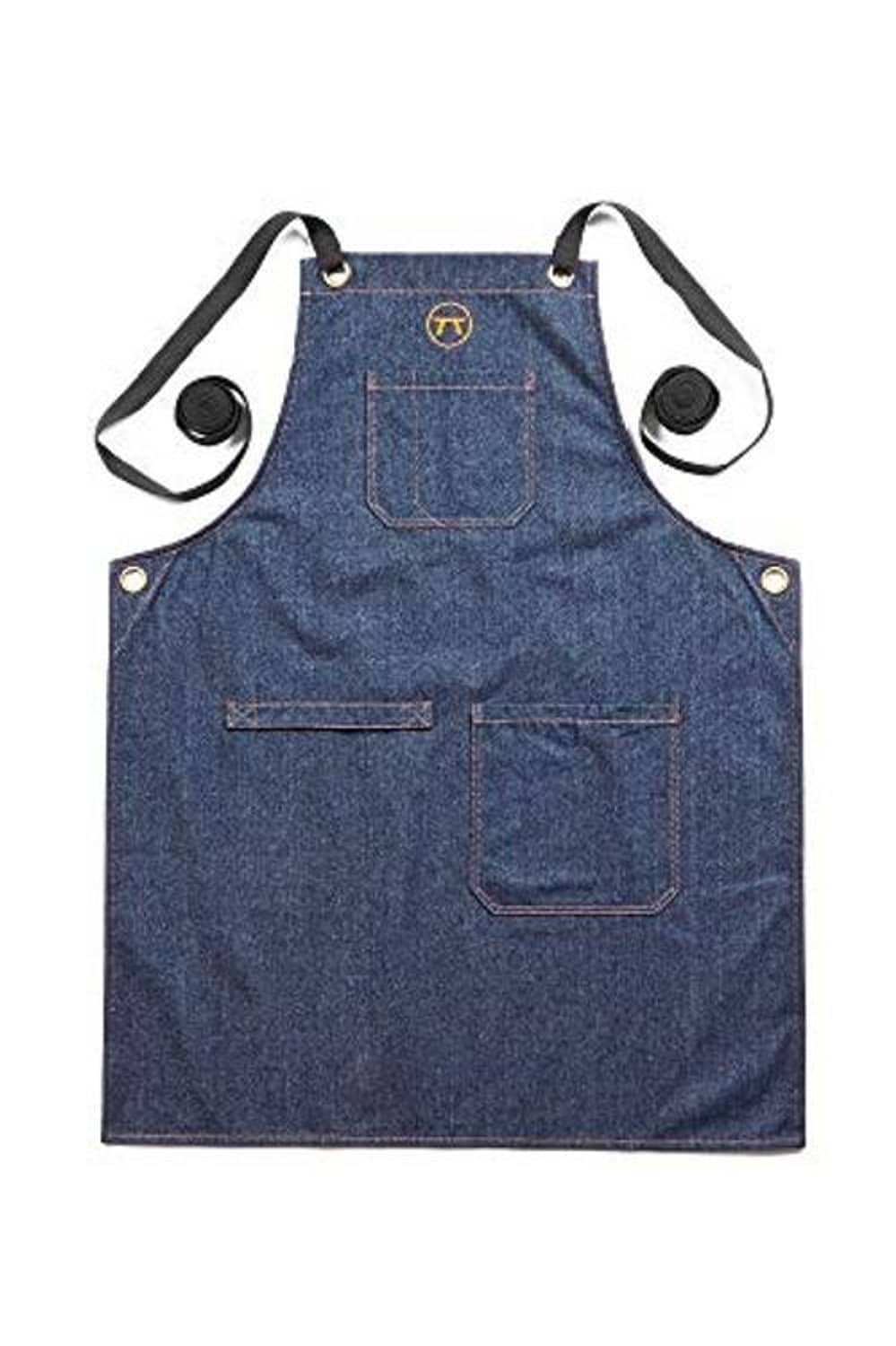 Dark blue denim kitchen apron with chest bib, cross-back straps, two front pockets
