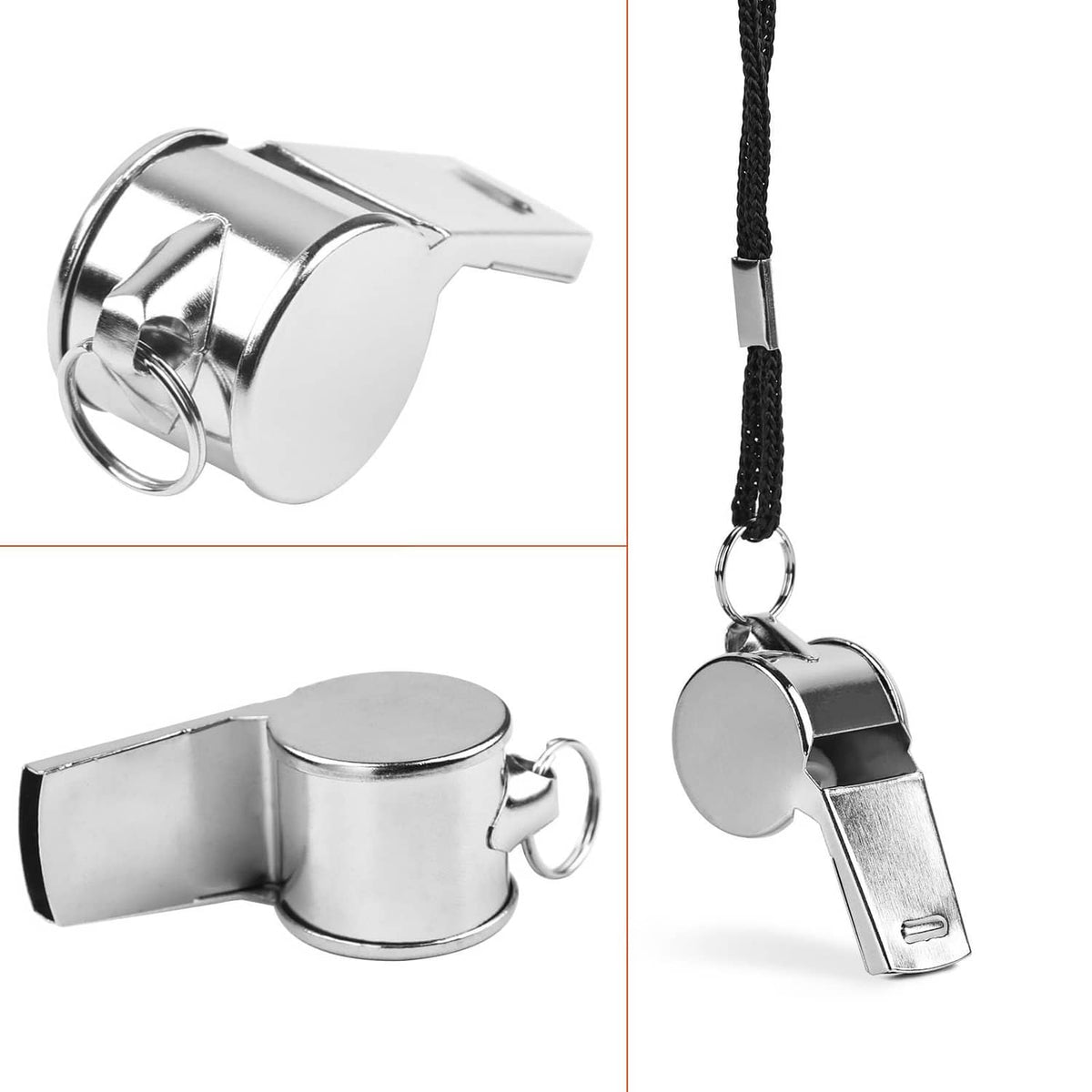 Silver stainless steel whistle with black lanyard and keyring clip, close-up