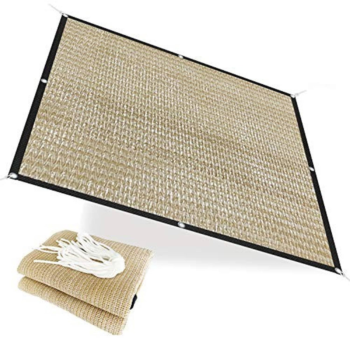 Beige woven shade netting square panel with black border and reinforced corners
