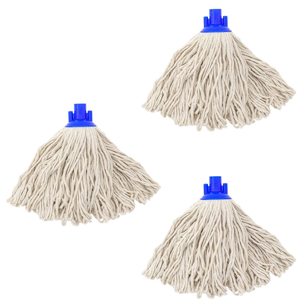 Cotton string mop replacement head set, beige yarn with blue screw-in connector