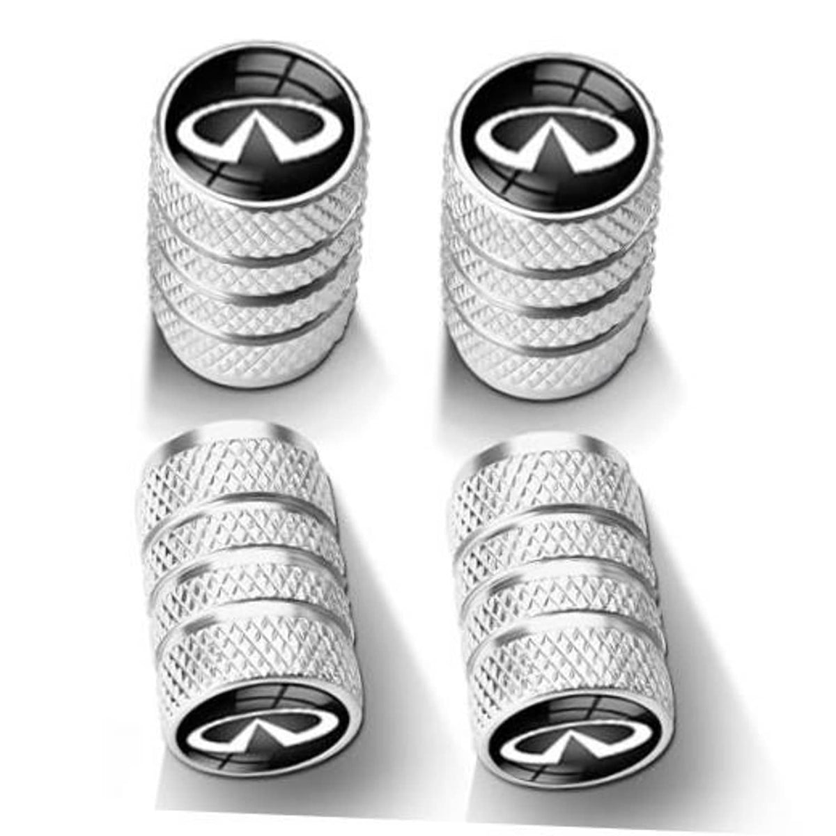 Set of 4 silver textured tire valve stem caps with black logo center