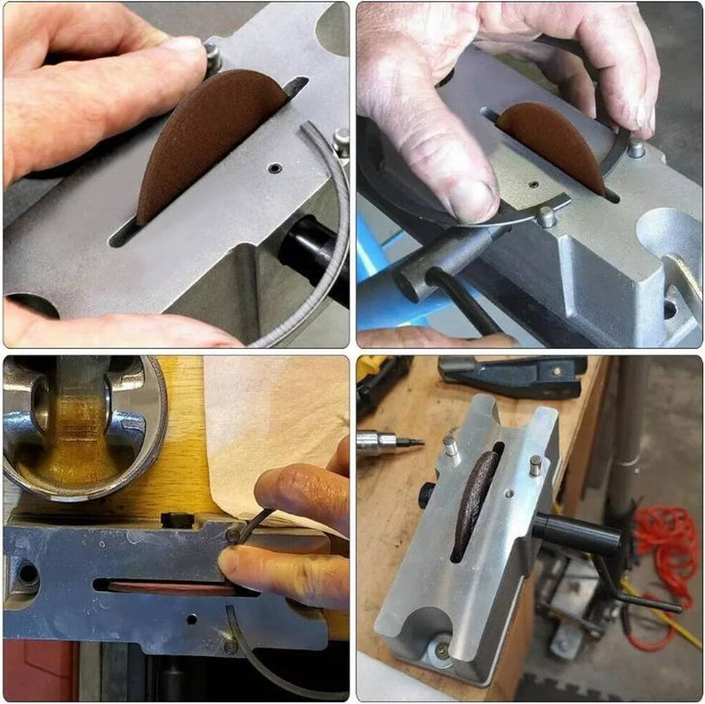 Piston ring grinder in use: hands position brown wheel on metal base