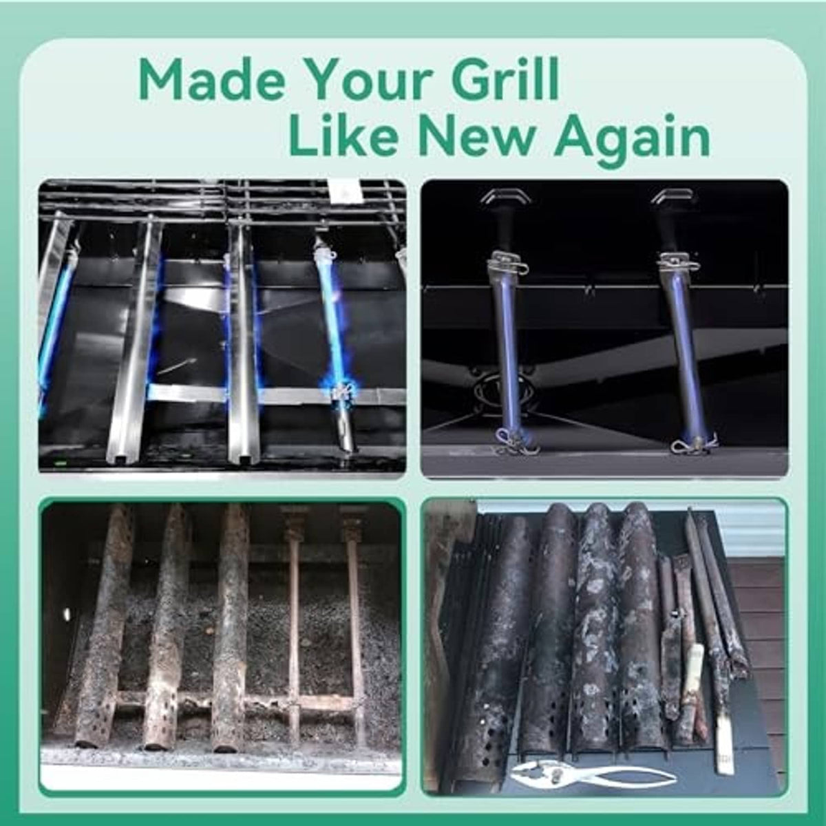 Grill replacement burner tubes and hardware shown in a like-new installation scene