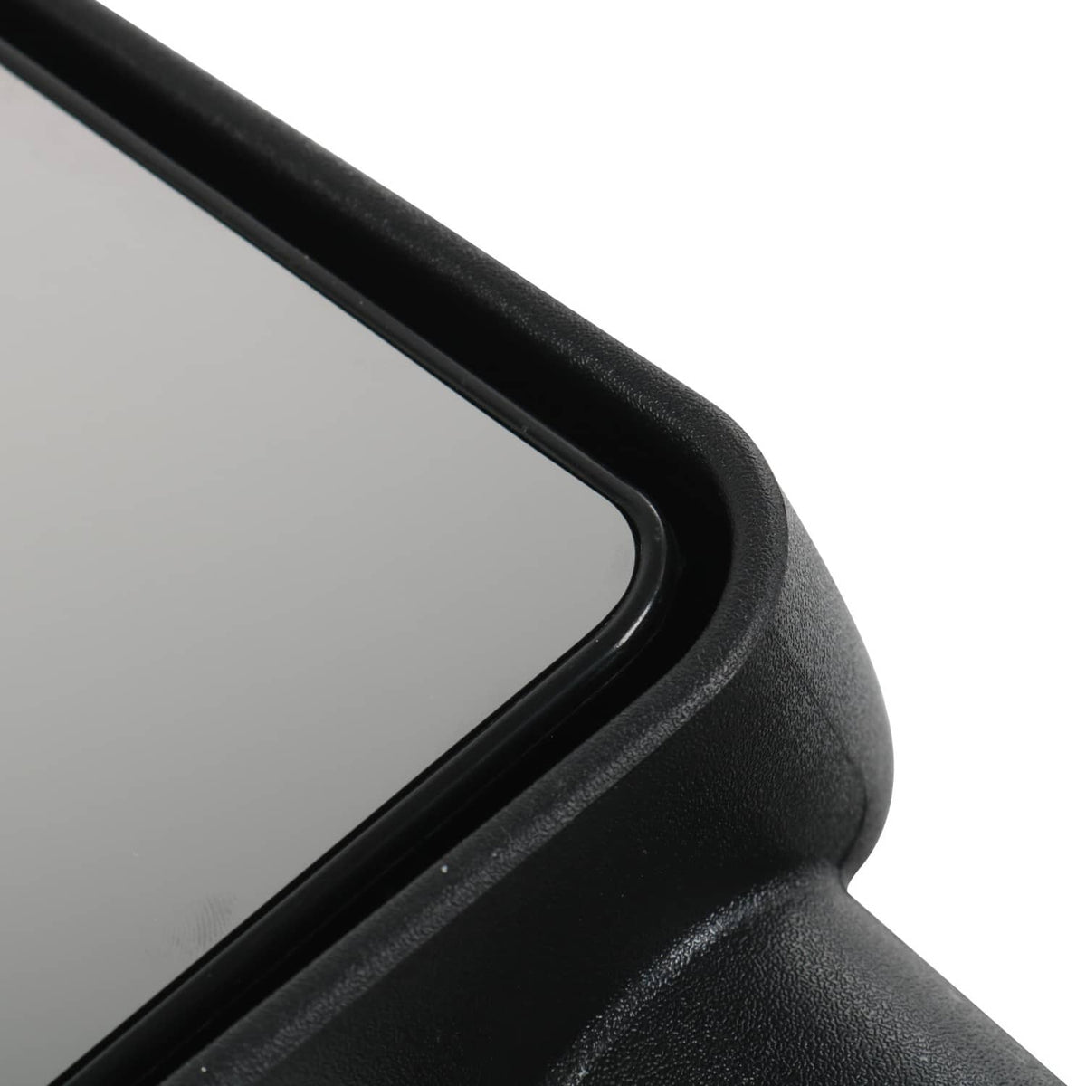 Black textured mirror frame edge with smooth transition to mounting housing