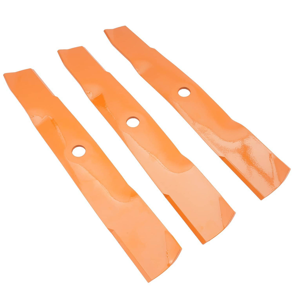 Orange lawn mower blades, four flat blades with round mounting holes