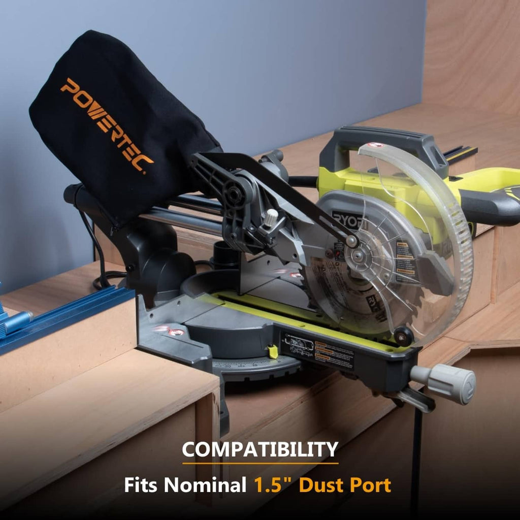 1.5 in dust port miter saw bag attached to a miter saw, fits 1.5 in dust port