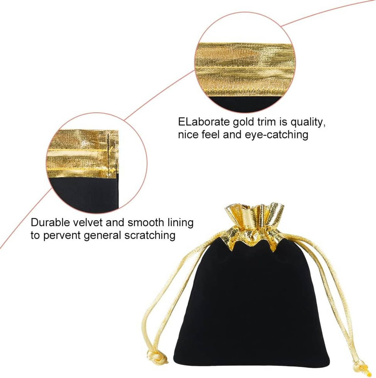 Black velvet jewelry pouch with gold drawstring and gold-trimmed cuff; smooth lining