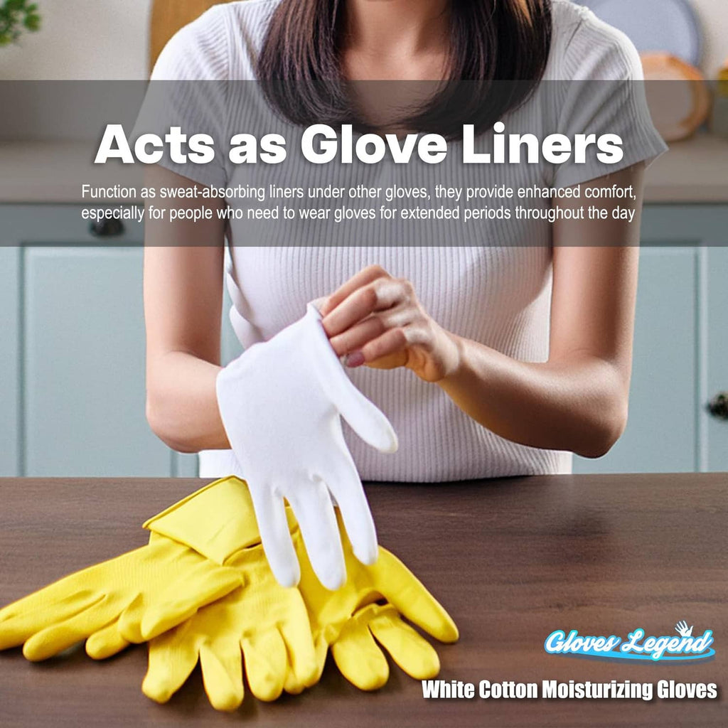 White cotton moisturizing gloves worn on hands as glove liners, soft long cuffs