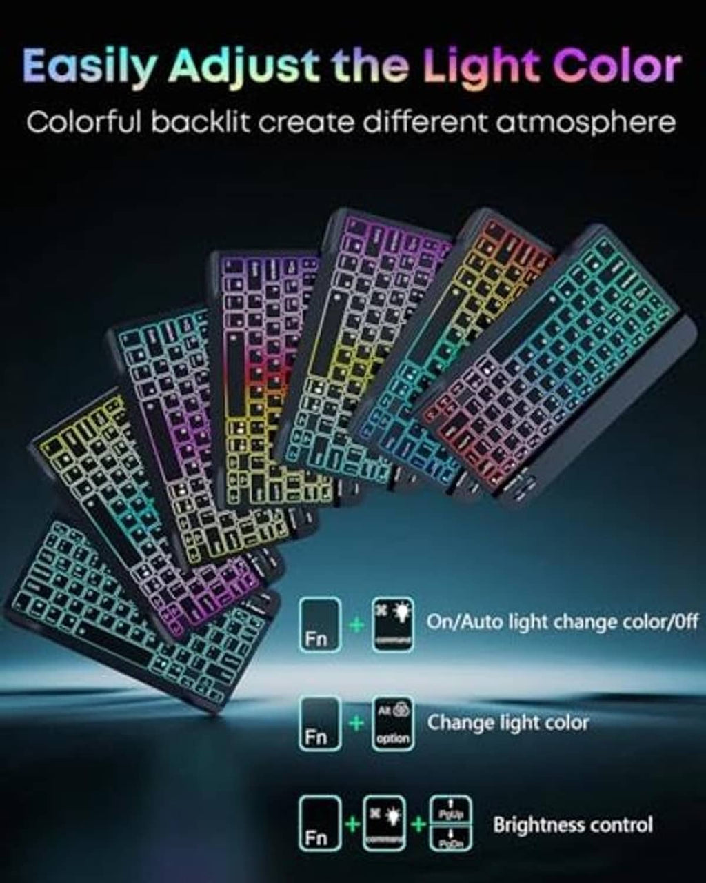 Keyboard case with multicolor backlit keys showing light effects and brightness controls