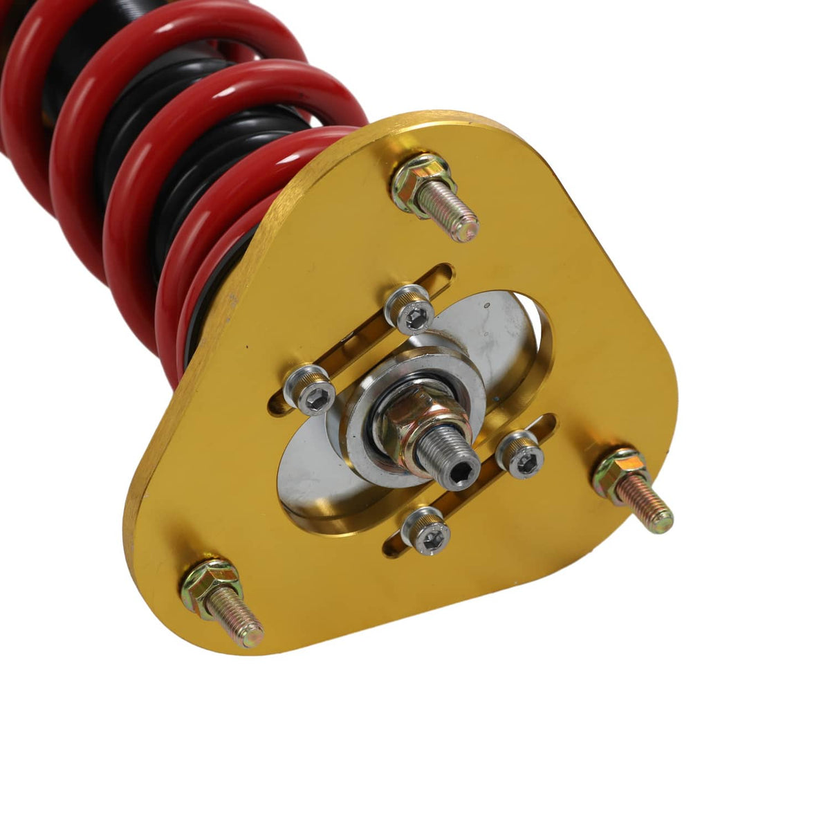 Adjustable coilover strut with red coil spring and gold top mount plate