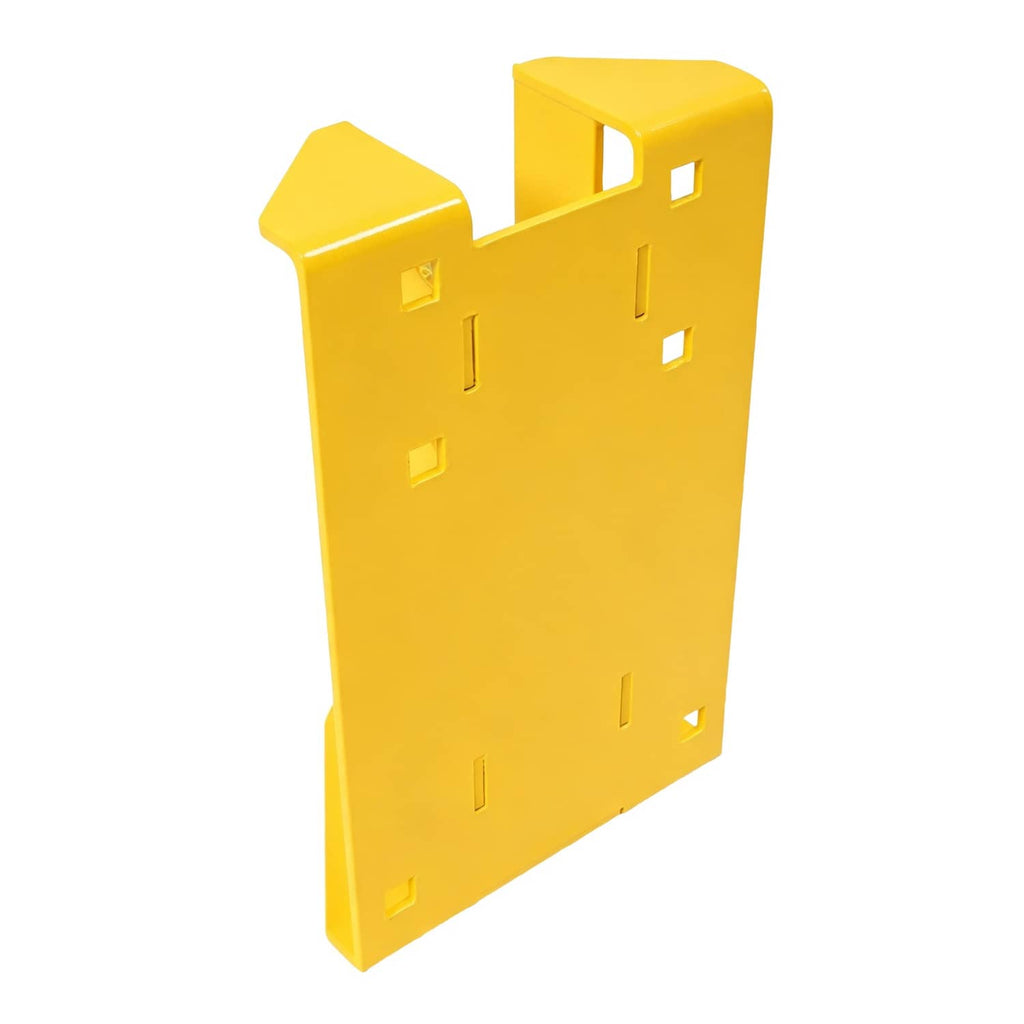 Yellow mower hitch bracket with angled tabs and rectangular cutouts for hardware.