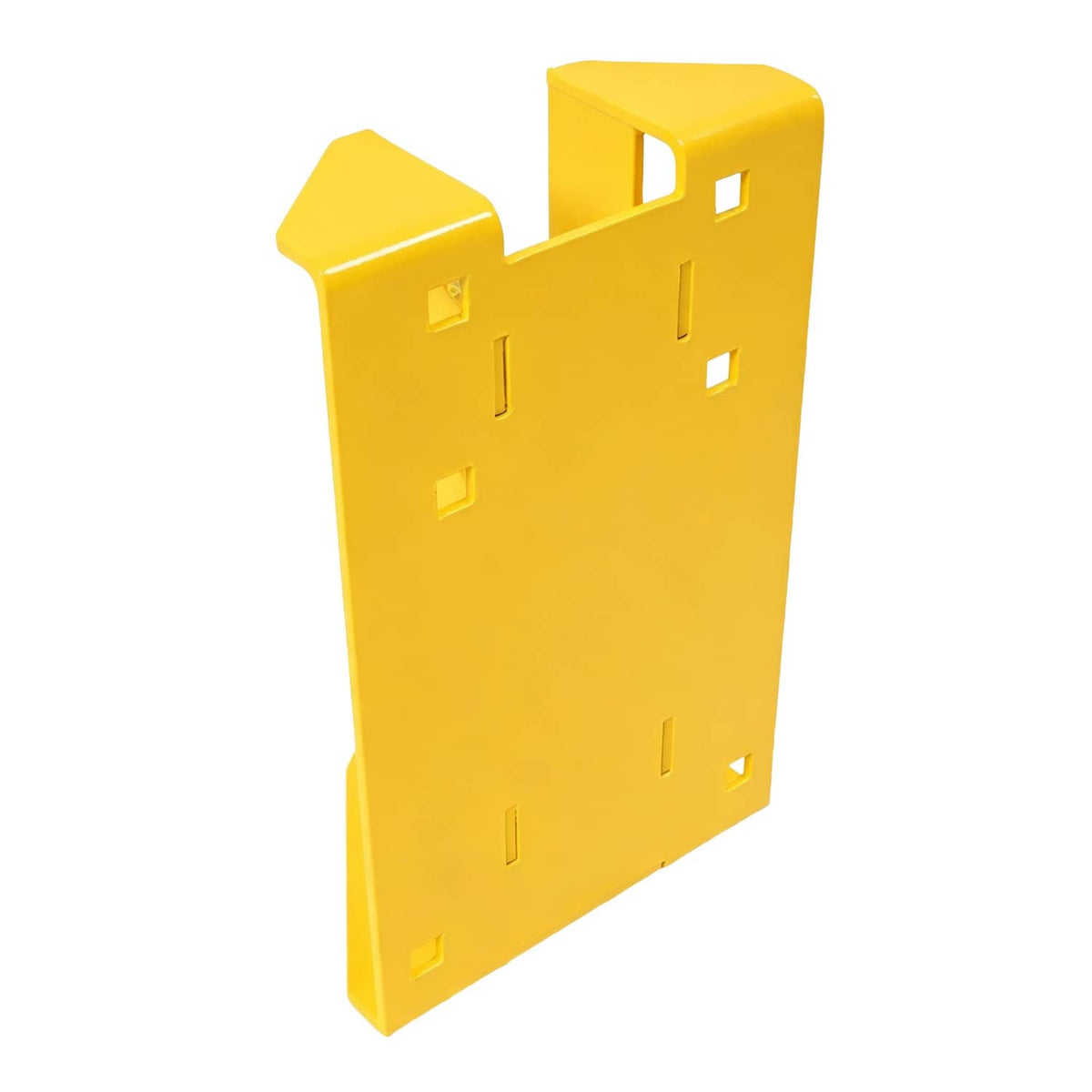 Yellow mower hitch bracket with angled tabs and rectangular cutouts for hardware.