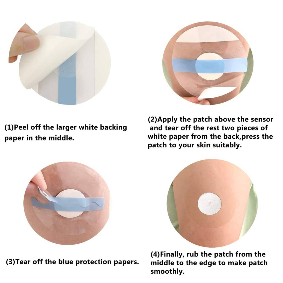 Adhesive sensor patch kit, peel-off steps shown for skin application