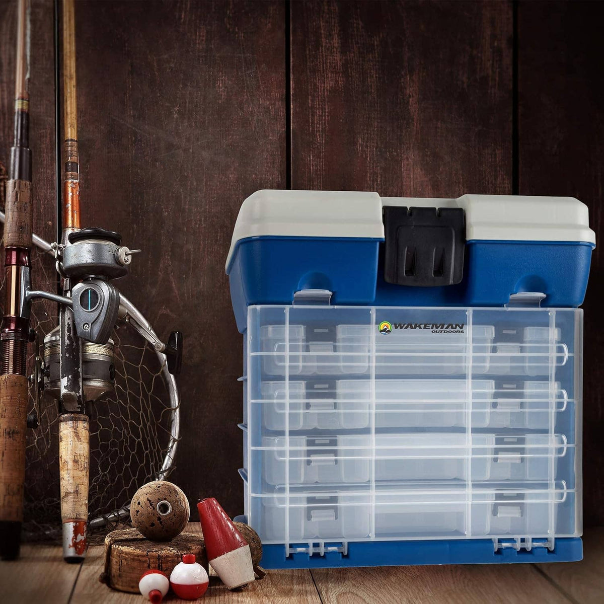 Blue tool storage box with clear drawer fronts and top handle, closed