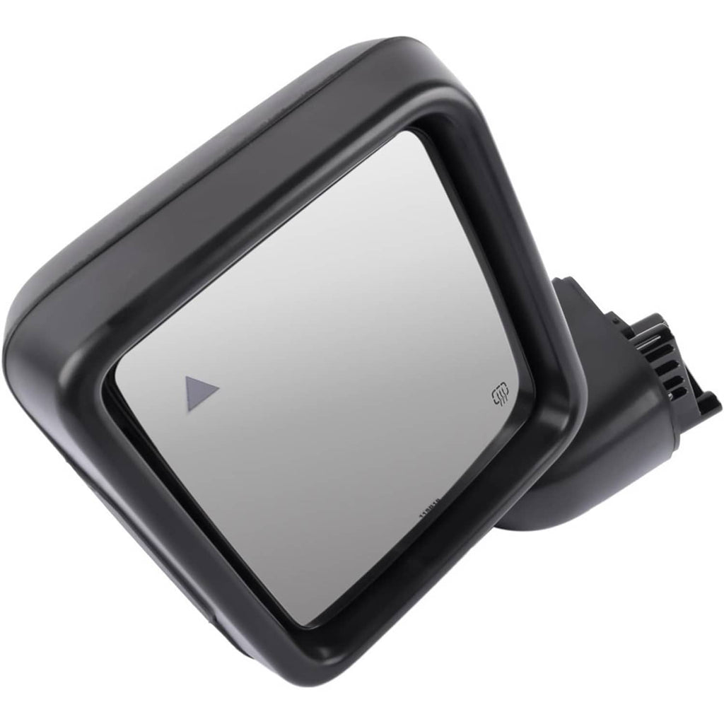 Black side mirror with blind spot indicator triangle icon on mirror glass