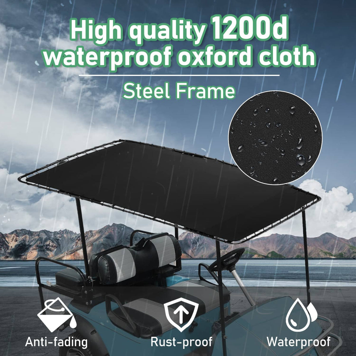 Black golf cart roof sun top canopy with steel mesh-style side frame