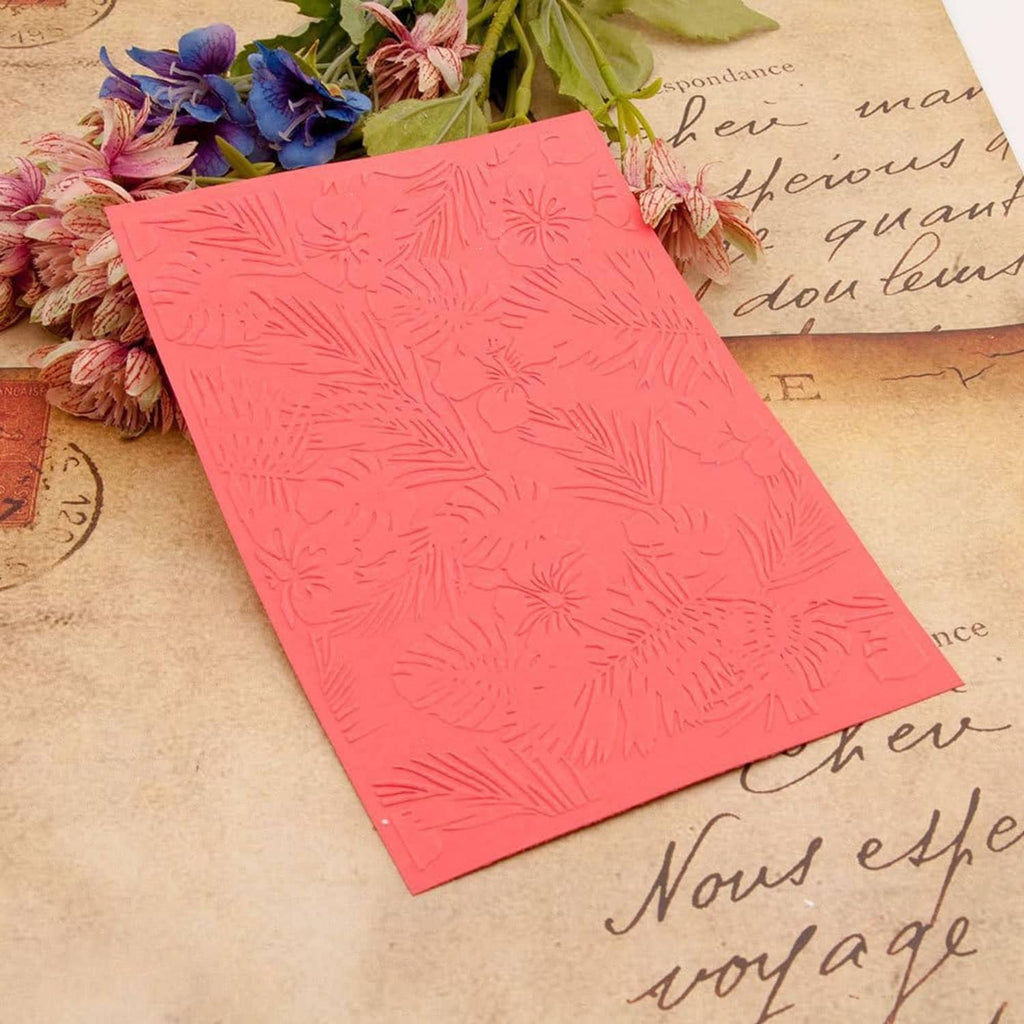 Pink plastic 3D embossing folder with hibiscus and tropical leaf floral pattern