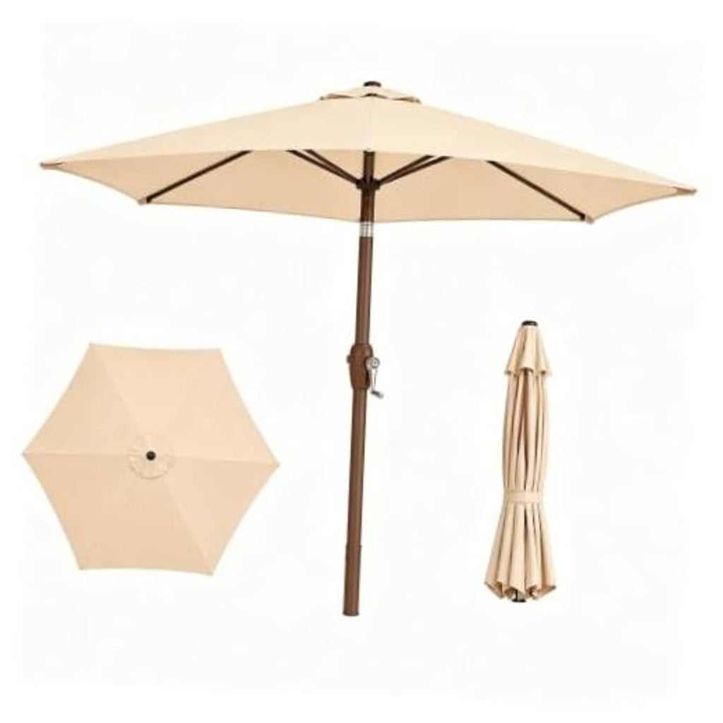 Patio umbrella with khaki canopy, dark brown pole, and smooth crank handle
