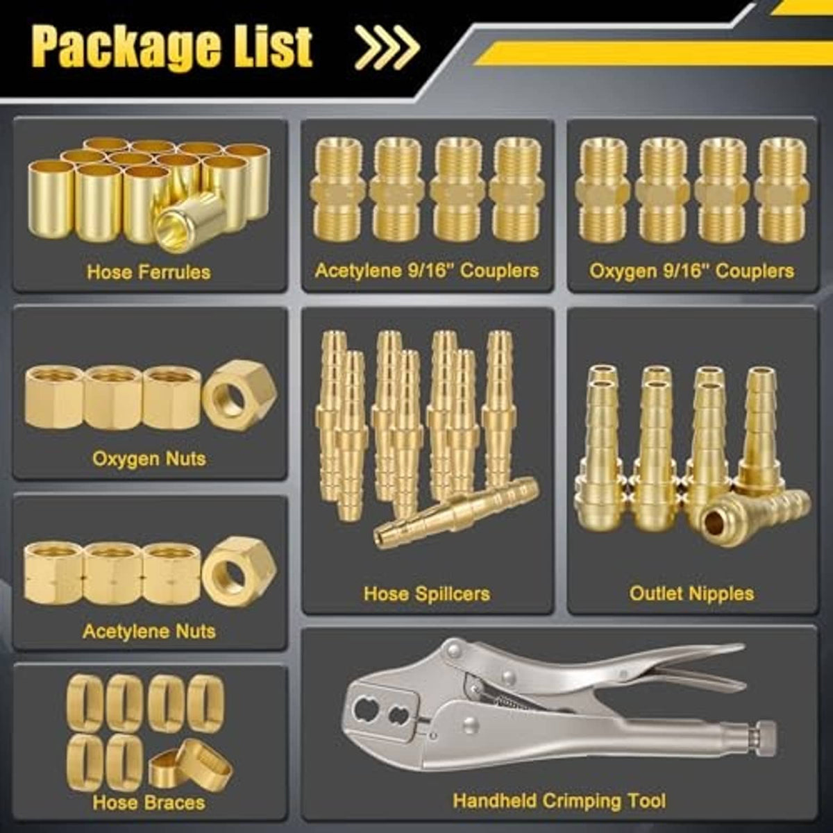 Brass hose repair parts kit layout with hose ferrules, couplers, nuts, splicers, outlet nipples