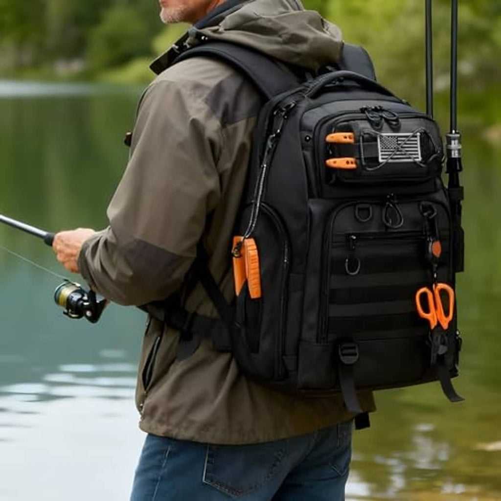 Fishing tackle backpack worn outdoors; black design with orange pulls and front tackle organizer.