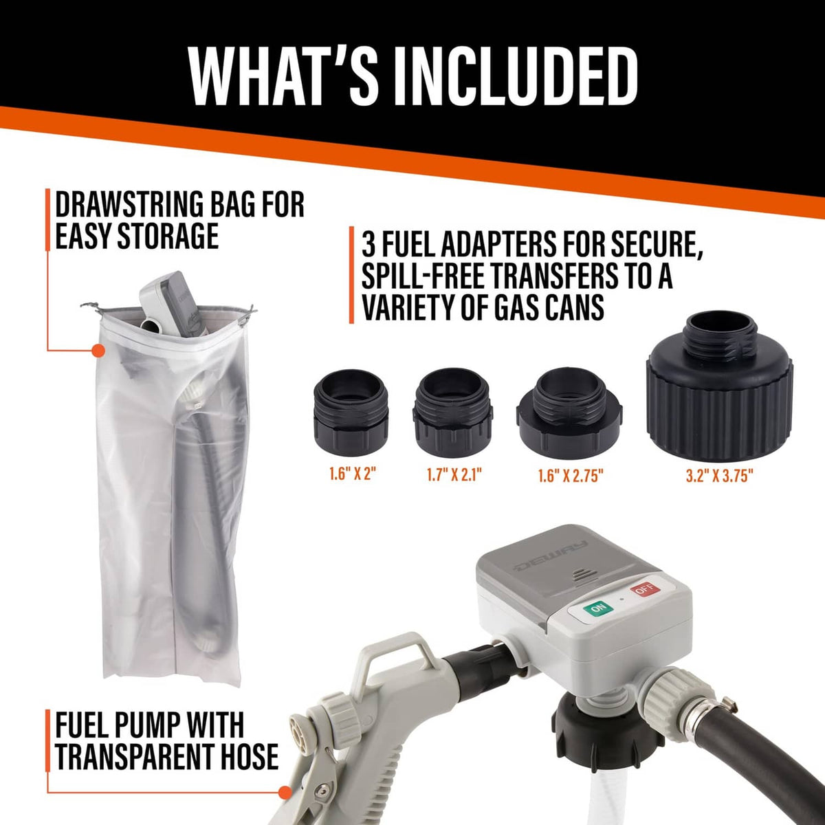 Fuel transfer pump kit with gray control unit, black hose, and multiple gas can adapters