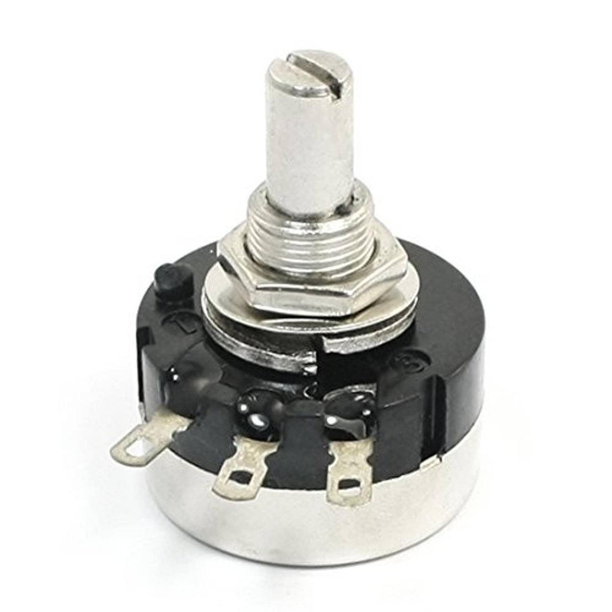200 ohm potentiometer with metal shaft, black housing, and three solder terminals