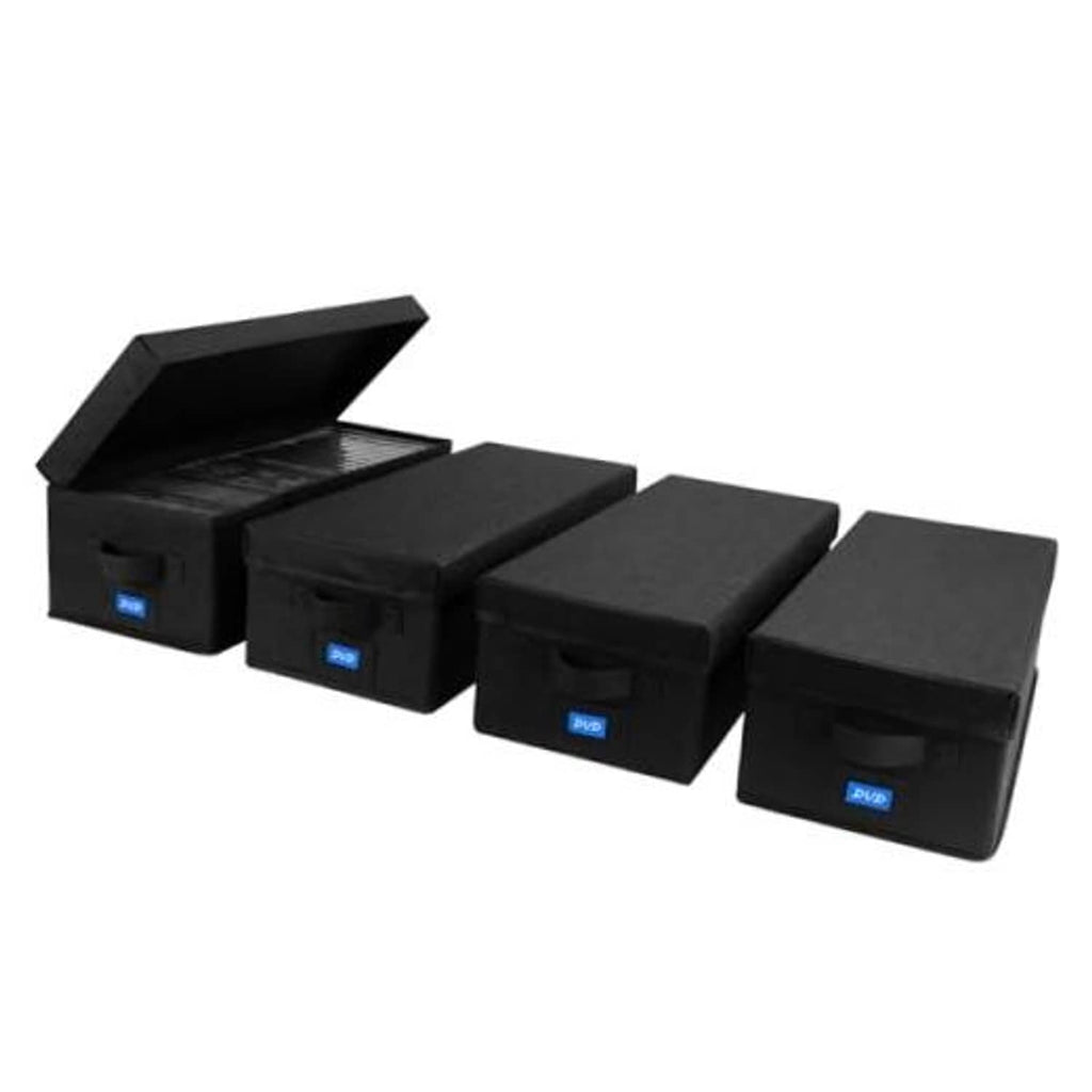 Four black fabric DVD storage boxes with lids and carry handles
