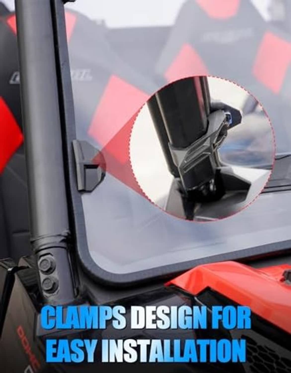 Front windshield with black frame and clamp mount detail for easy installation