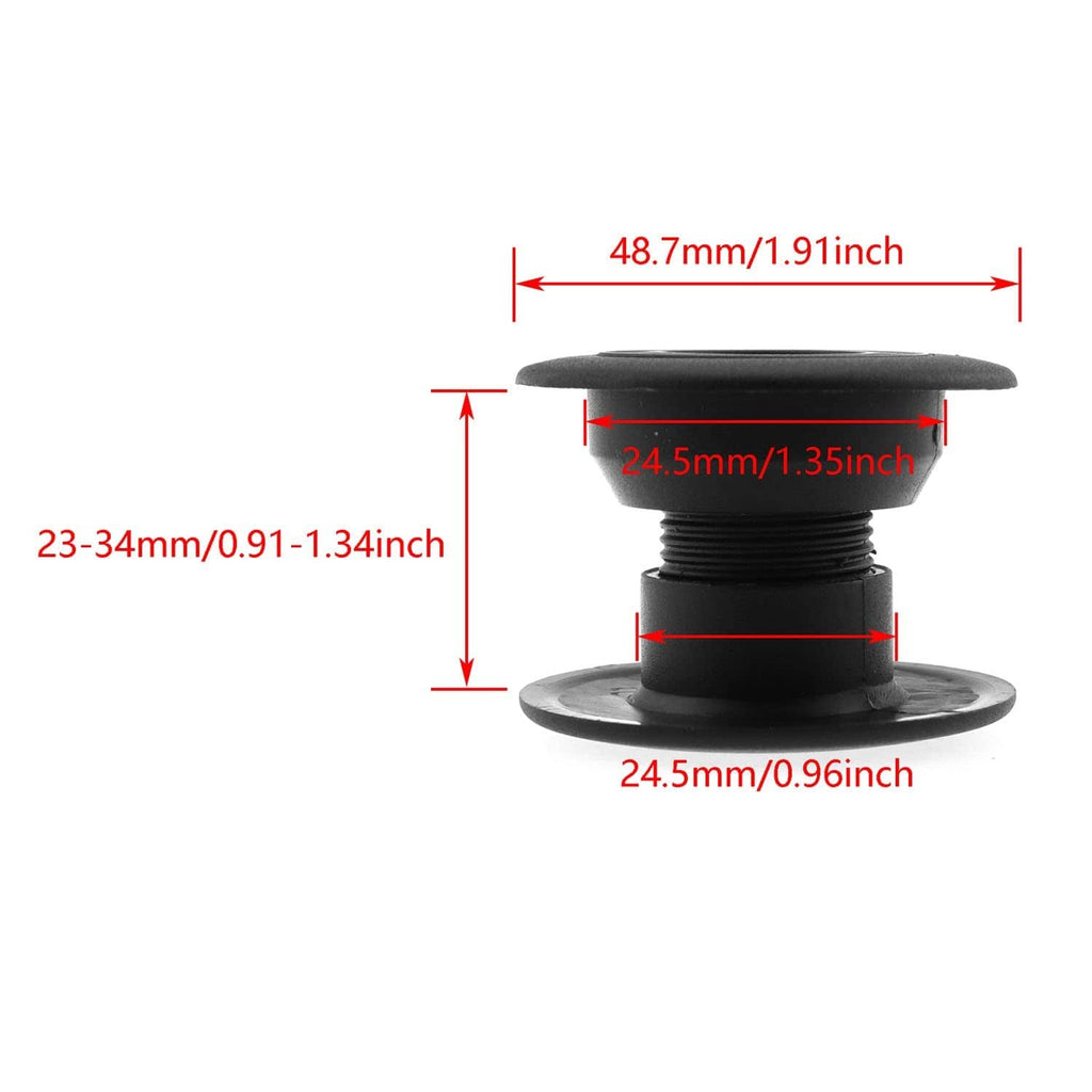 Black foosball rod bushing with flanged base and threaded stem, side profile