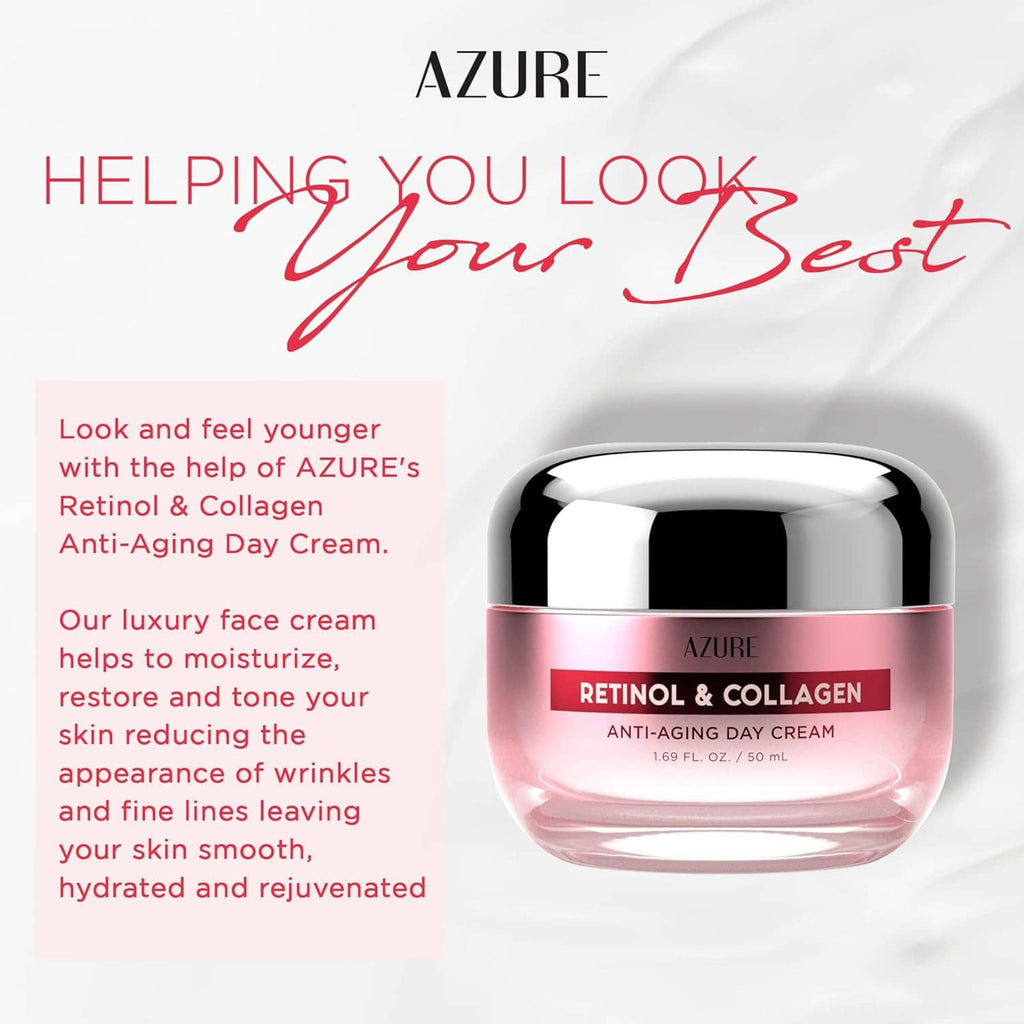 Retinol & collagen anti-aging day cream jar with AZURE logo and day cream label