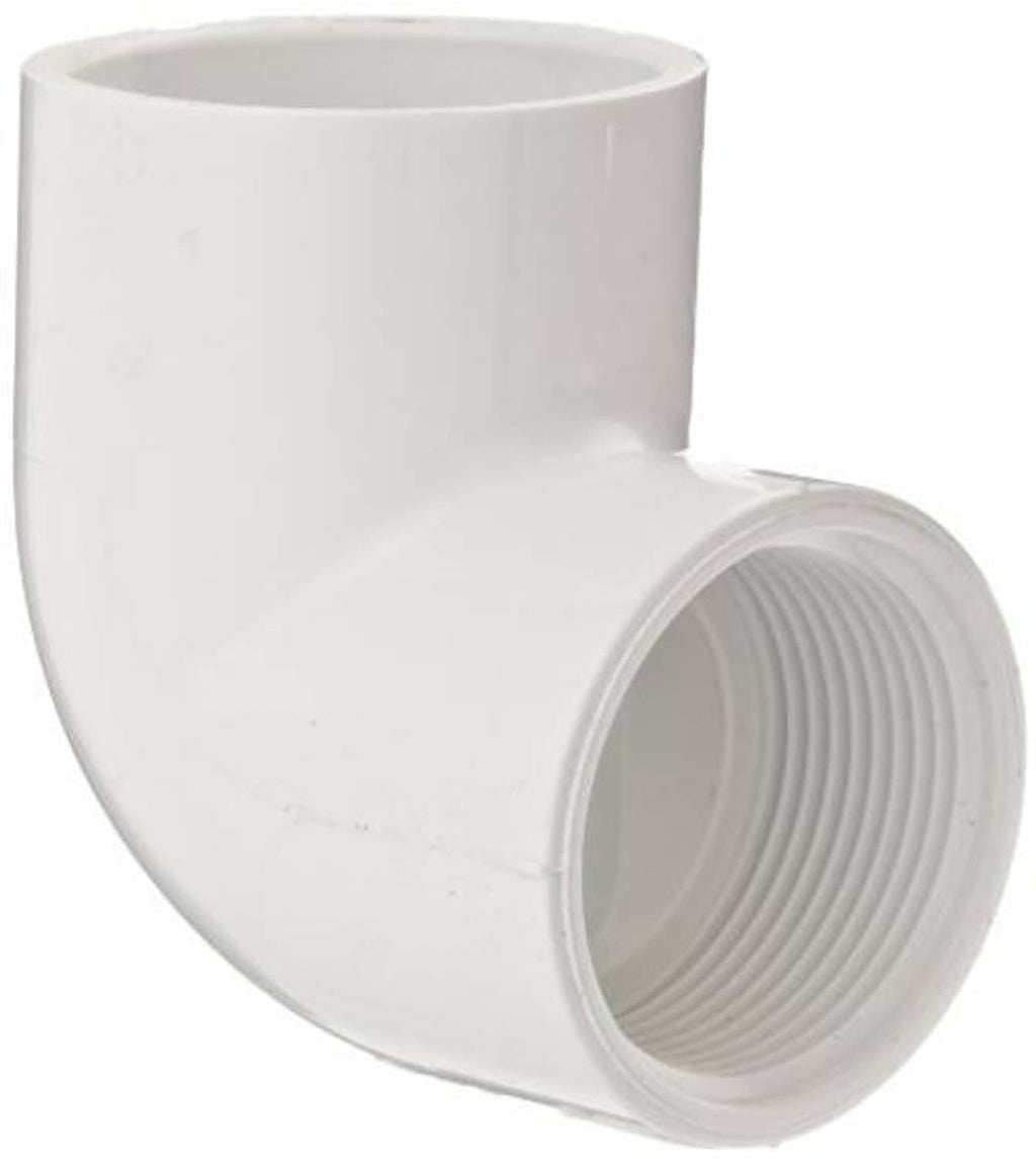 White 90-degree PVC elbow pipe fitting with female threaded inlet, side view