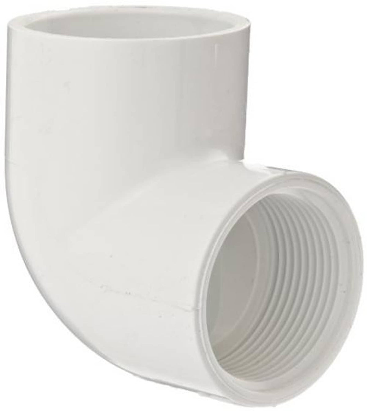 White 90-degree PVC elbow pipe fitting with female threaded inlet, side view
