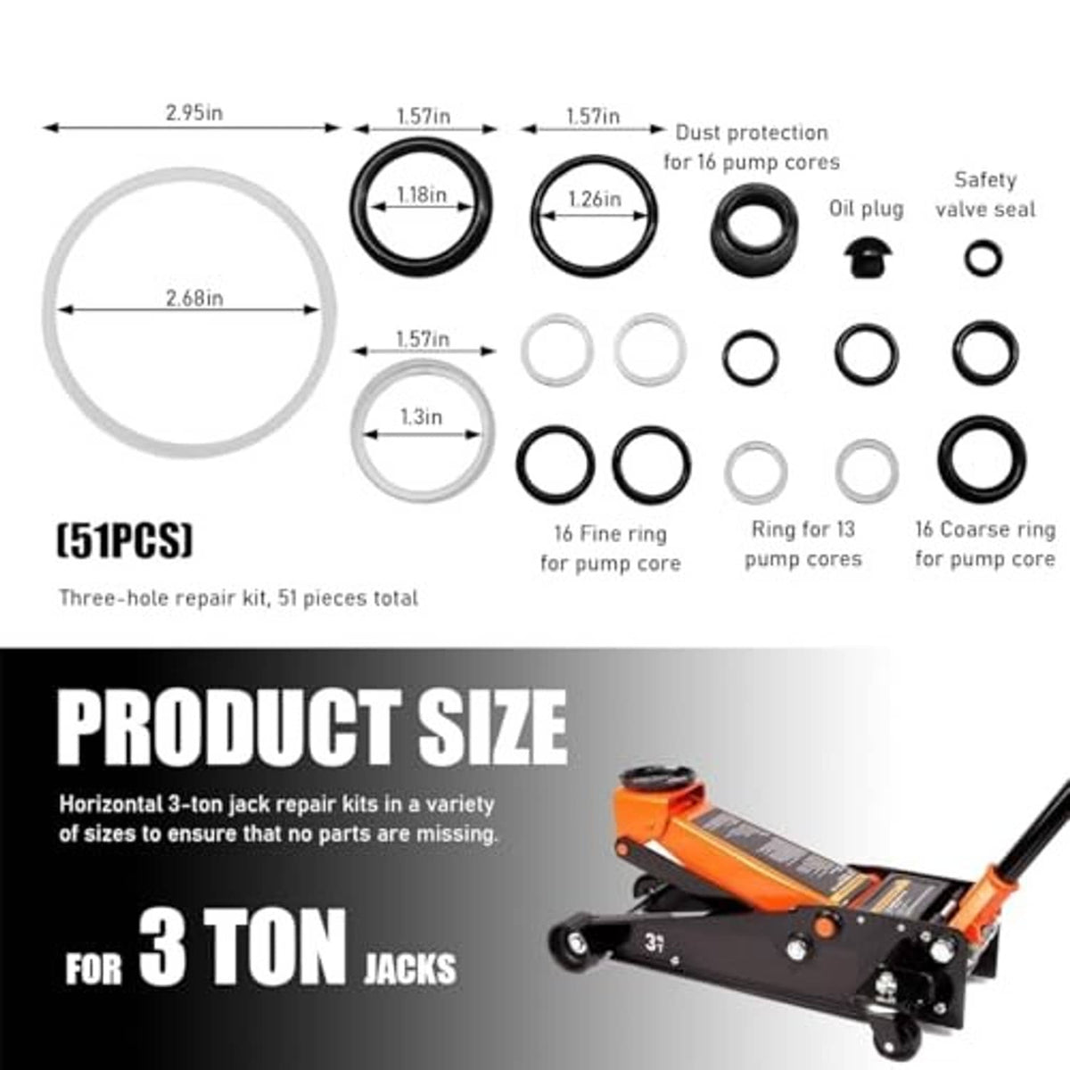 Assorted hydraulic jack seal kit O-rings and rings shown with size diagram