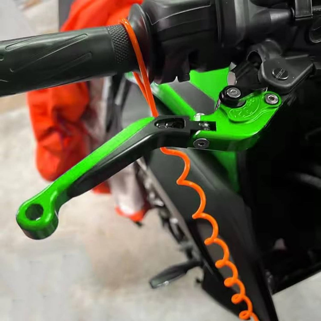 Green motorcycle brake lever with orange numbered adjustment indicator