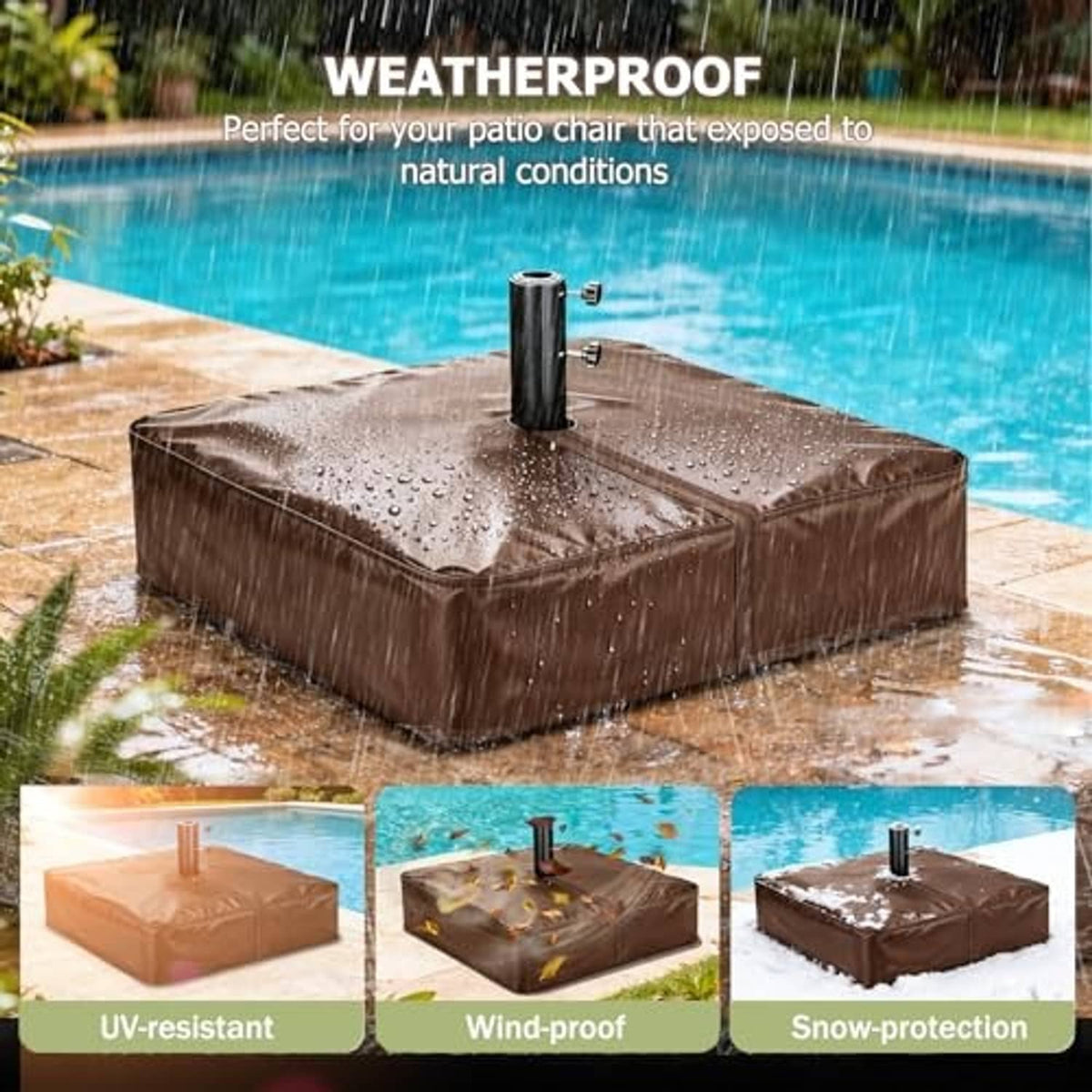 Brown weatherproof umbrella base cover with center pole opening and water-beading fabric