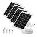 Solar panel kit with four black photovoltaic panels, white cable, and small plug