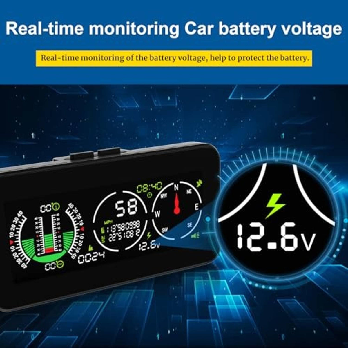 Car GPS speedometer inclinometer showing battery voltage 12.6V on digital display