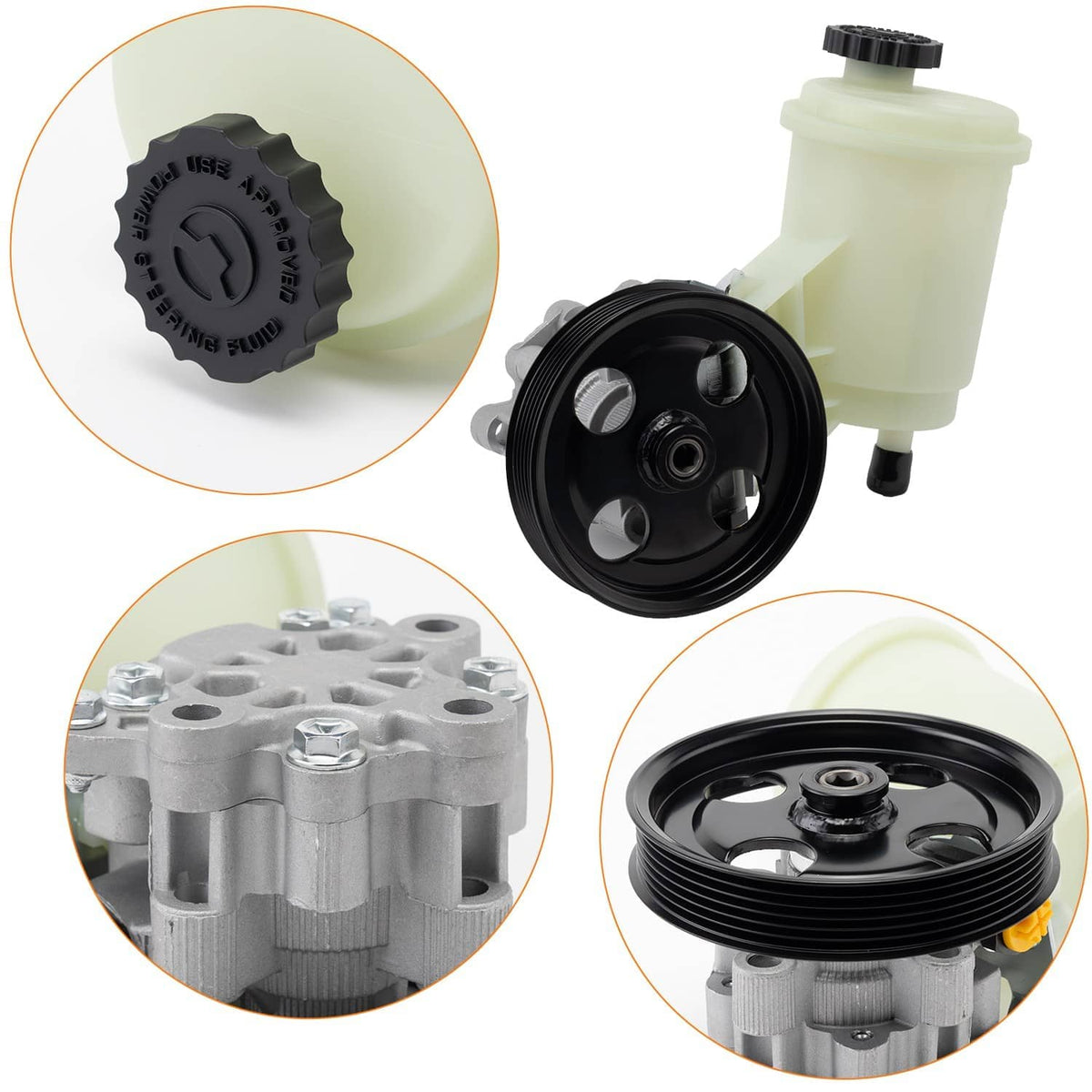 Power steering pump with black pulley and light reservoir, close-up detail views.