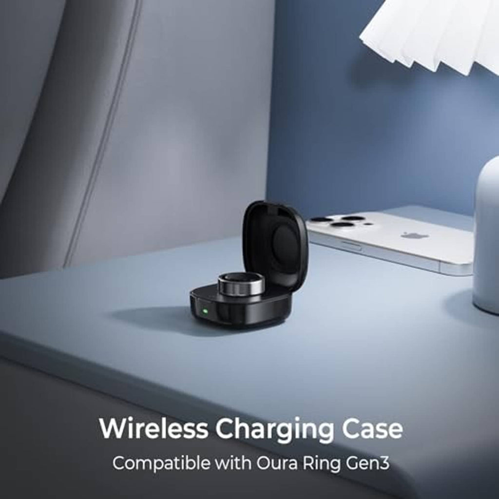 Black wireless charging case with circular charging ring dock and open lid