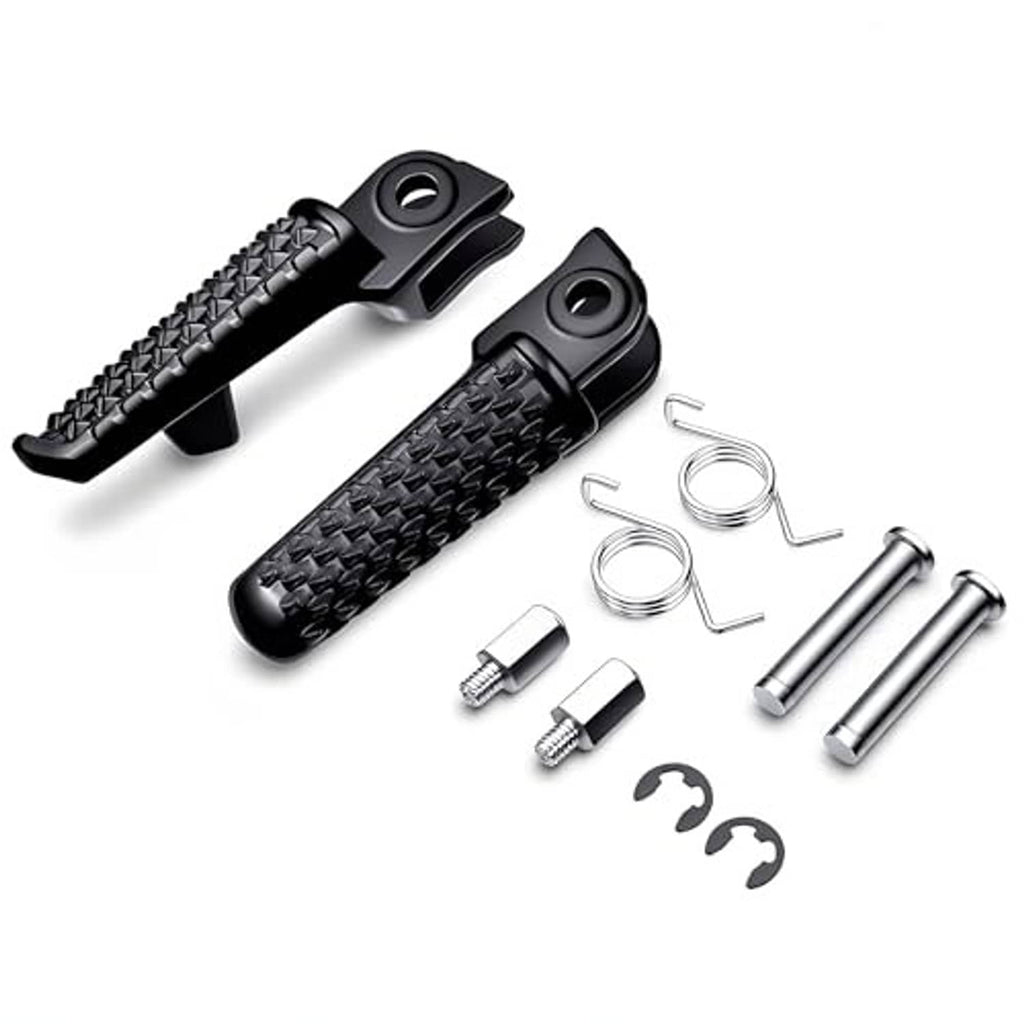 Black motorcycle foot pegs with textured grip, springs, pins, and clips kit