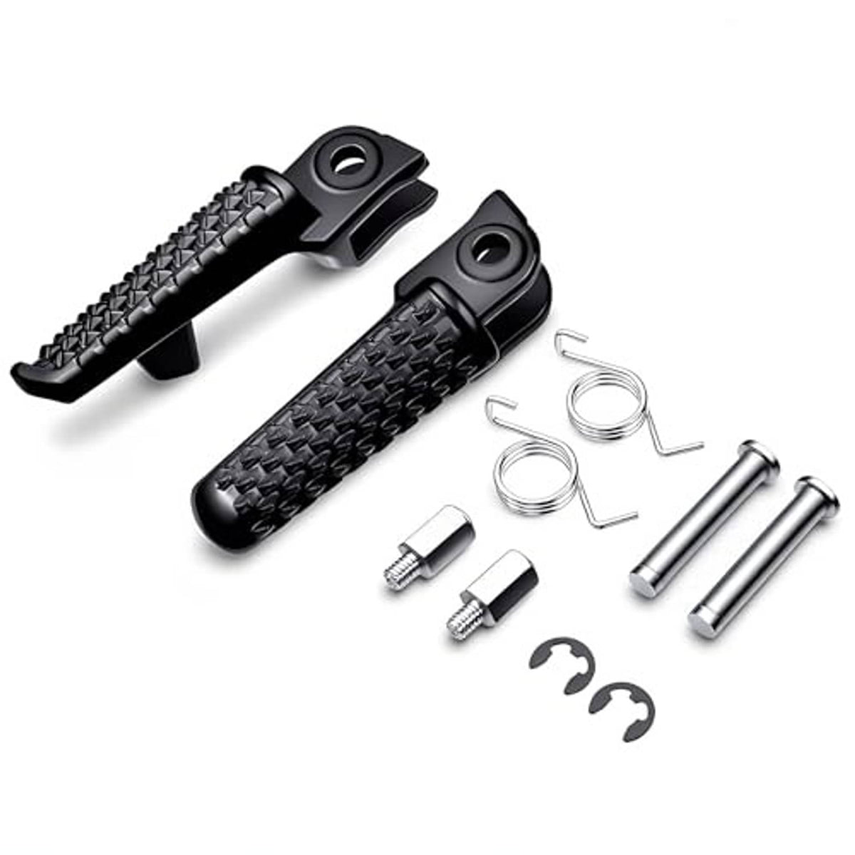 Black motorcycle foot pegs with textured grip, springs, pins, and clips kit