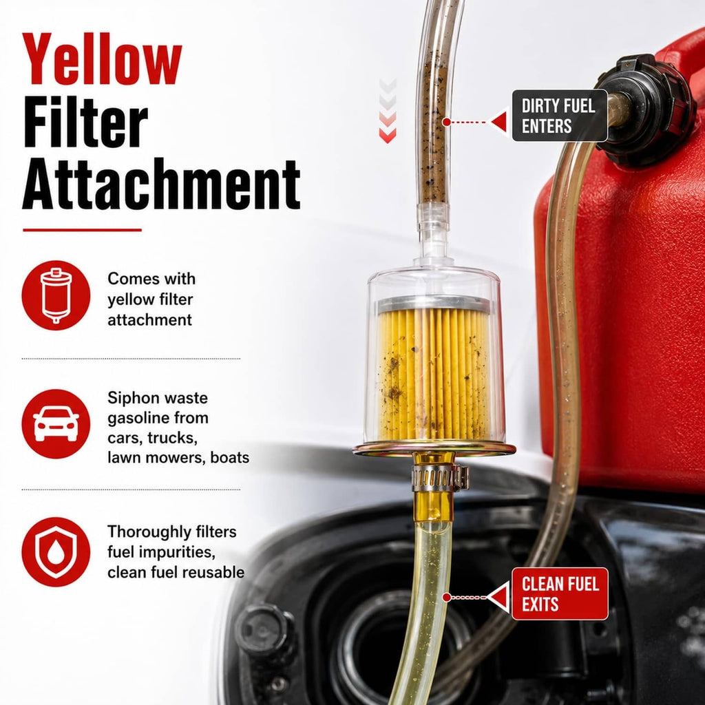 Fuel transfer pump with yellow filter attachment and clear inline filter housing