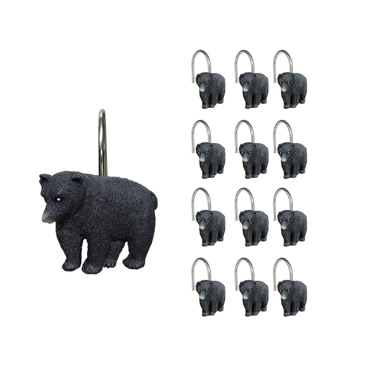 Black bear shower curtain hooks set of 9 with curved silver metal loops