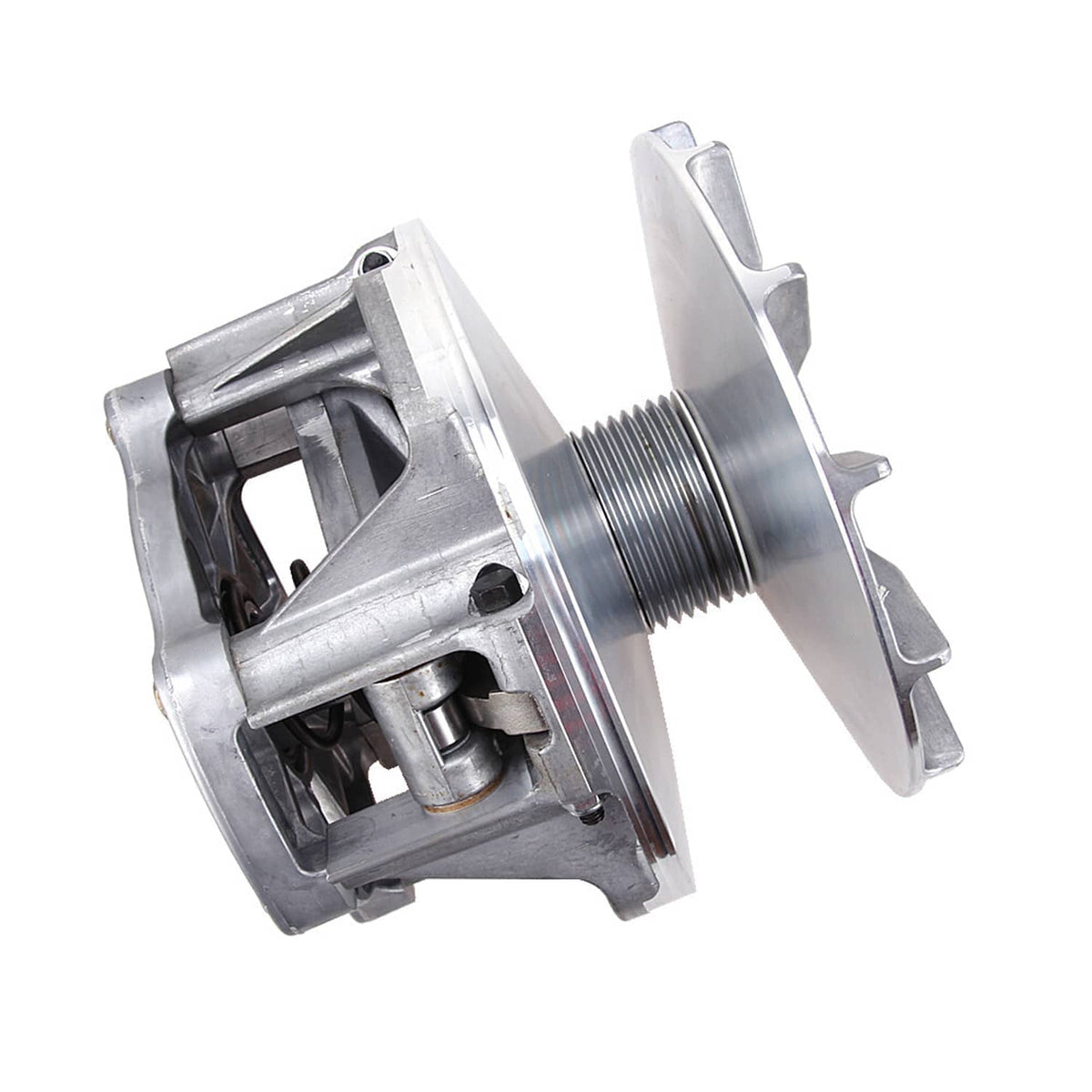 Drive clutch assembly angled view with threaded spring coil and side mounting bracket