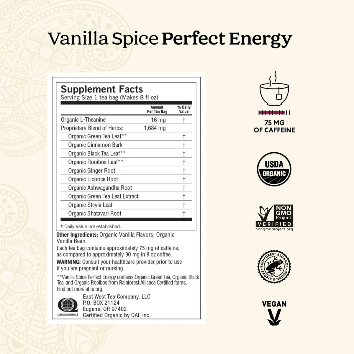 Vanilla Spice Perfect Energy supplement facts label with 75 mg caffeine and vegan icon